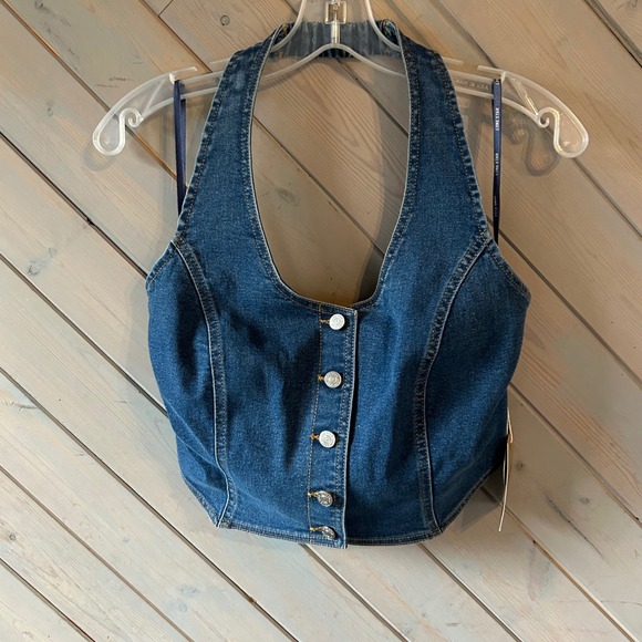 Lone Star Tops - Lone Star Womens Medium Wash Stretch Denim Halter Top Button Front Vest Size M